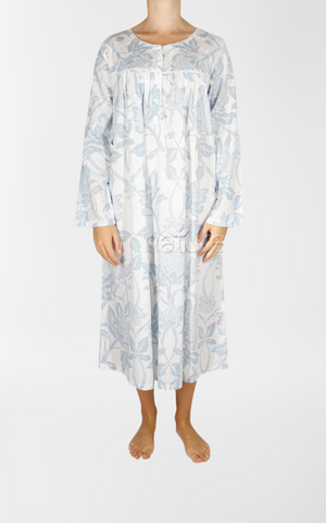 Long Sleeve Sq Neck Cotton Nightie - Blue Waratah Print